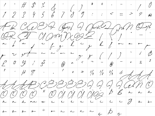 Blackstand Regular  glyph index