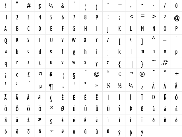Gill Condensed SSi Condensed  glyph index