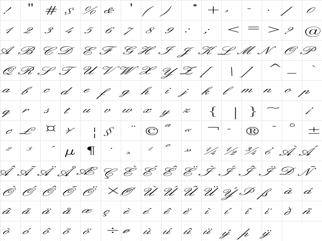 English Ex Regular  glyph index