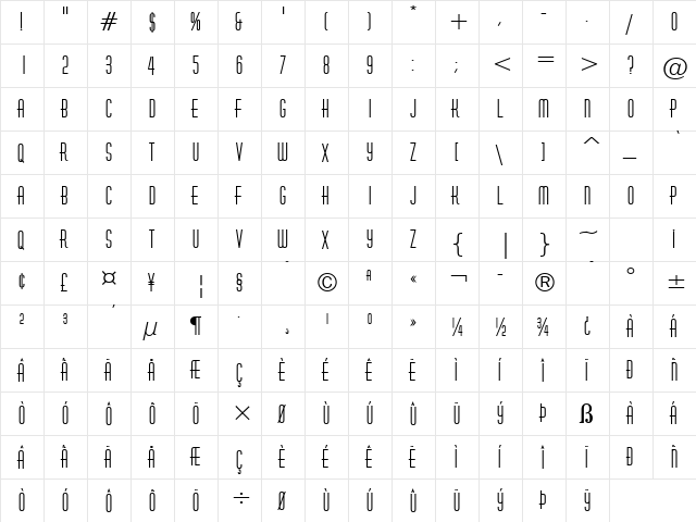 Hustle Bold  glyph index