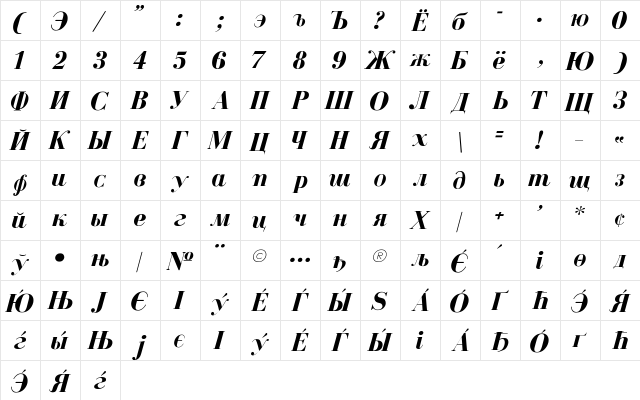 Cyrillic-Bold-Italic Regular  glyph index