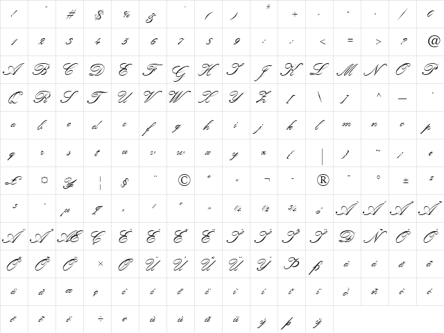 KuenstlerScript TwoBold Italic  glyph index