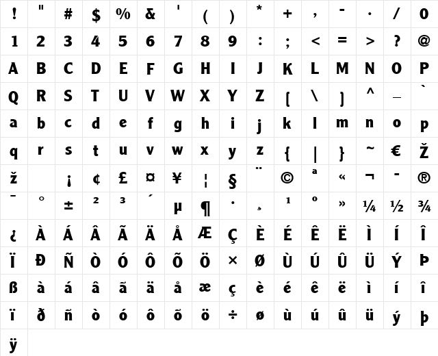 ClearfaceGothic LT Roman Bold  glyph index