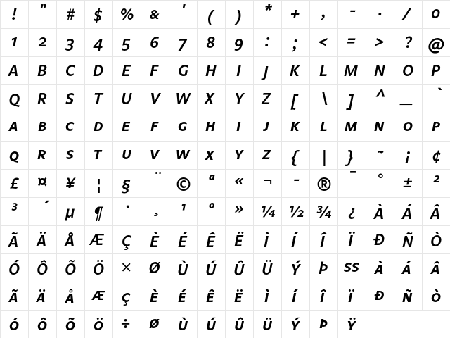 Legato SC Semi Bold Italic  glyph index