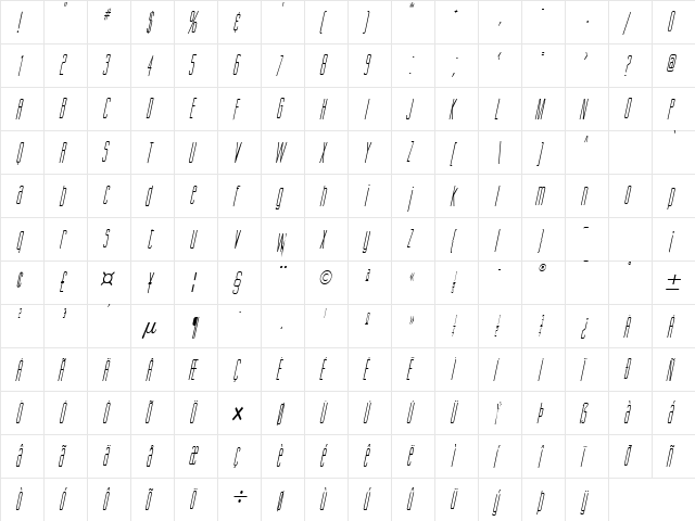 Gorgio Condensed Italic  glyph index