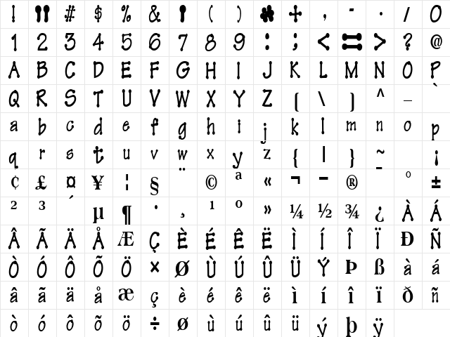 Felt Regular  glyph index