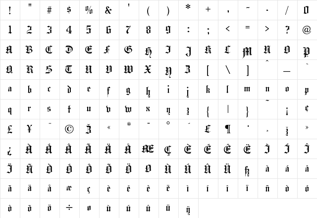 HansaGothic Regular  glyph index