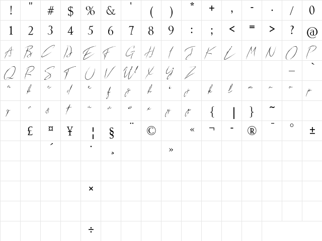 Sun Brush Regular  glyph index