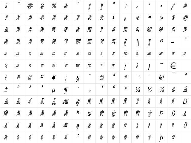 PrincetonCondensed Italic  glyph index
