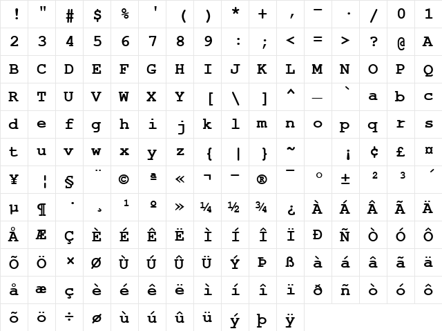 NimbusMonLUN Bold  glyph index