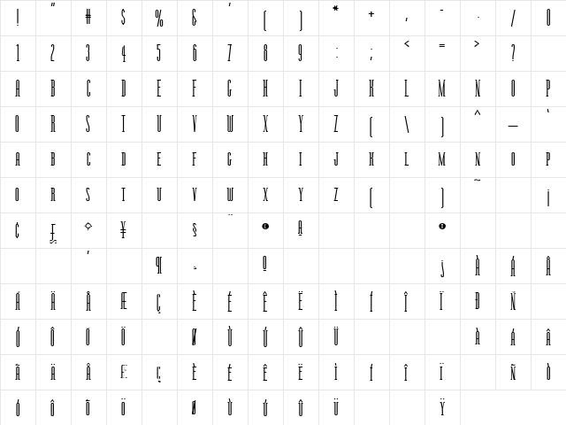 Joe 20 Regular  glyph index