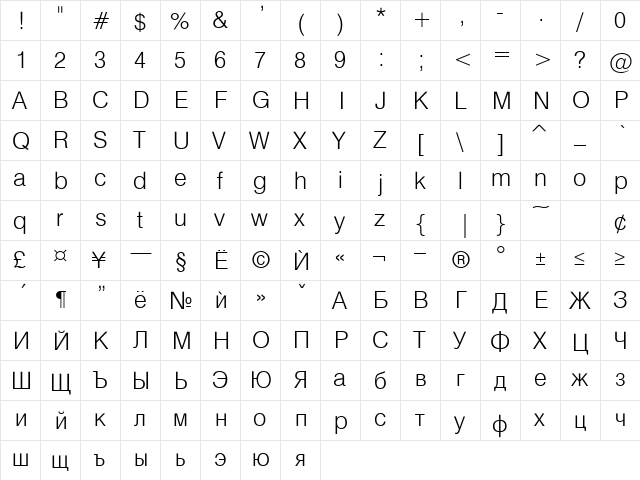 HebarLight Normal  glyph index
