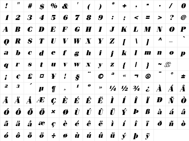 Compendium Black SSi Black Italic  glyph index