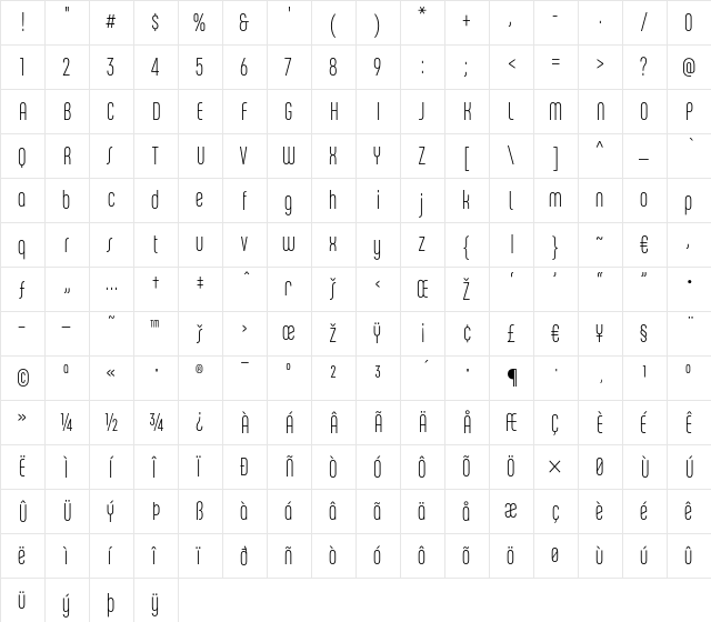 ChaletComprime-MilanSeventy Regular  glyph index