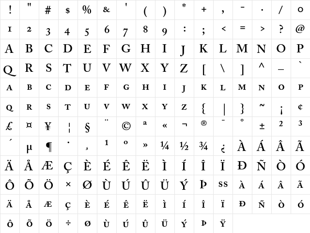 Adobe Caslon SemiboldSC  glyph index