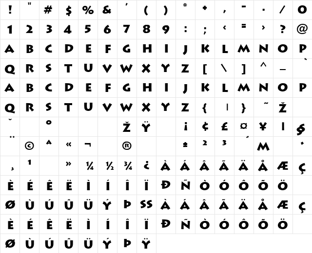 Lithograph Bold  glyph index