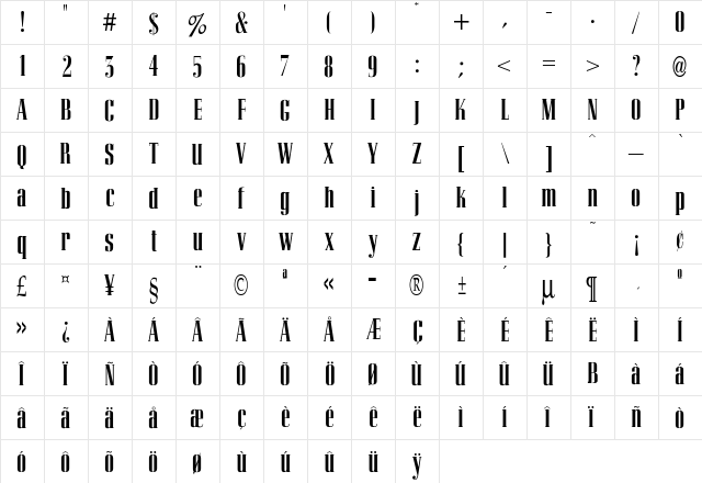 Vesuvius Regular  glyph index