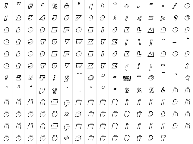 Aramis Italic  glyph index