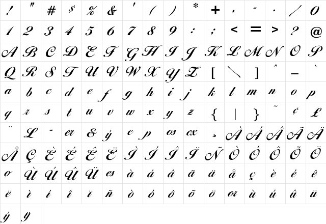 OPTIDiannaScriptBoldAgency Regular  glyph index