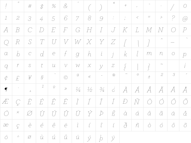 ArcherPro Thin Italic  glyph index