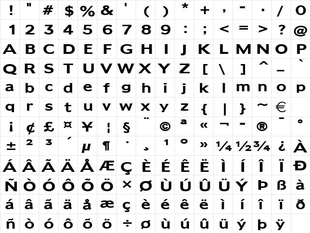 AdamsWide Bold  glyph index