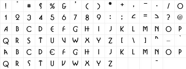 Bazoomba Regular  glyph index