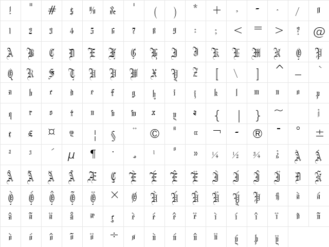 Blackletter686 BT Regular  glyph index