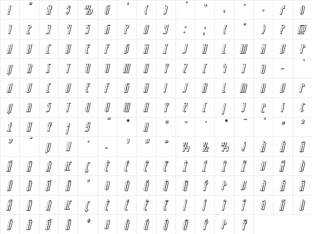 Hydronaut 3D Italic Regular  glyph index