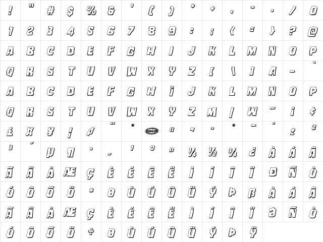 Mister Twisted 3D Italic Italic  glyph index