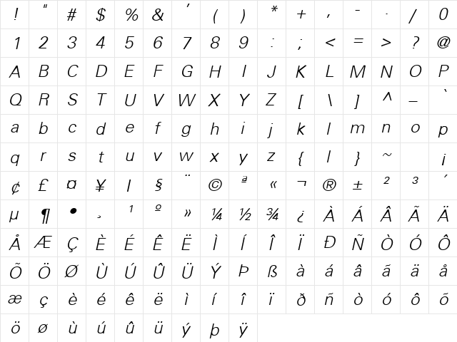 Black Dog 16 Italic  glyph index