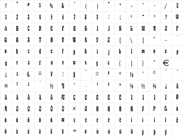 EpicCondensed Normal  glyph index