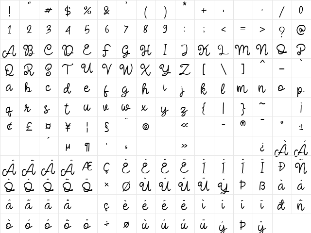 Bella Hanna Regular  glyph index