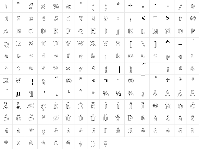Worcester Becker Outline Bold Regular  glyph index