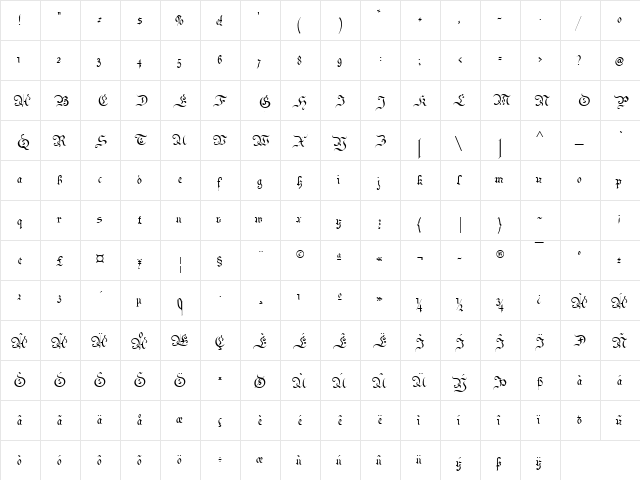Parchment Regular  glyph index