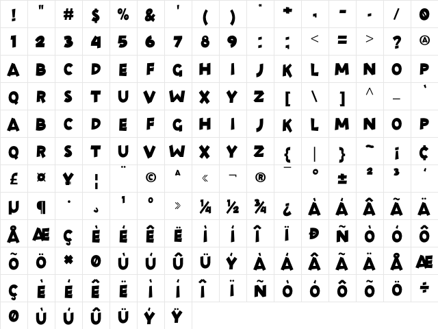 Roley Poley Regular  glyph index