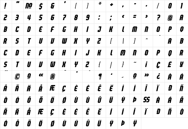 Judgement Italic  glyph index