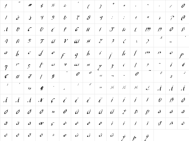 Xaphan II Italic Italic  glyph index
