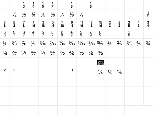 FractionsSans Regular  glyph index