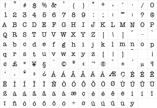 Typewriter-Serial Regular  glyph index