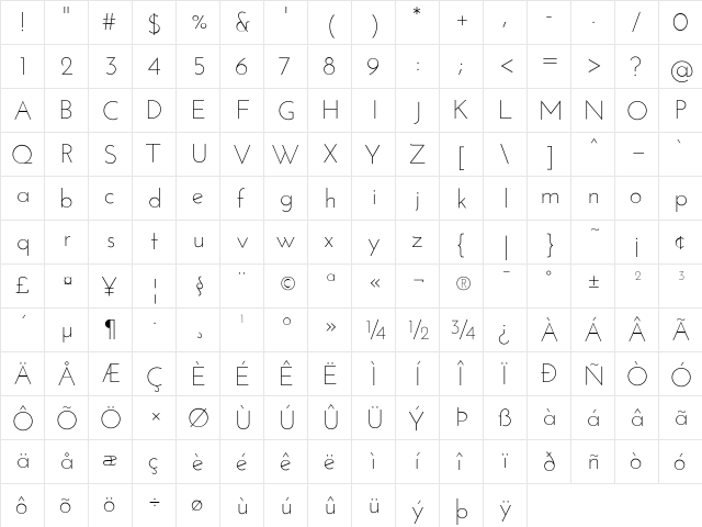 Josefin Sans Light  glyph index