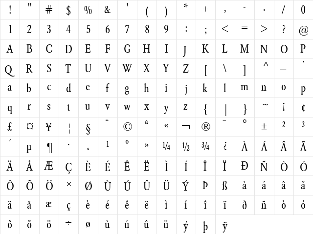 Garamond BE Condensed  glyph index