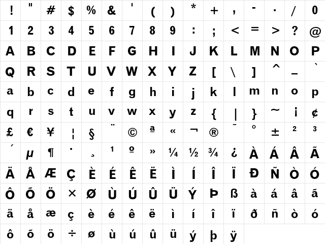 Gothic 720 Bold  glyph index