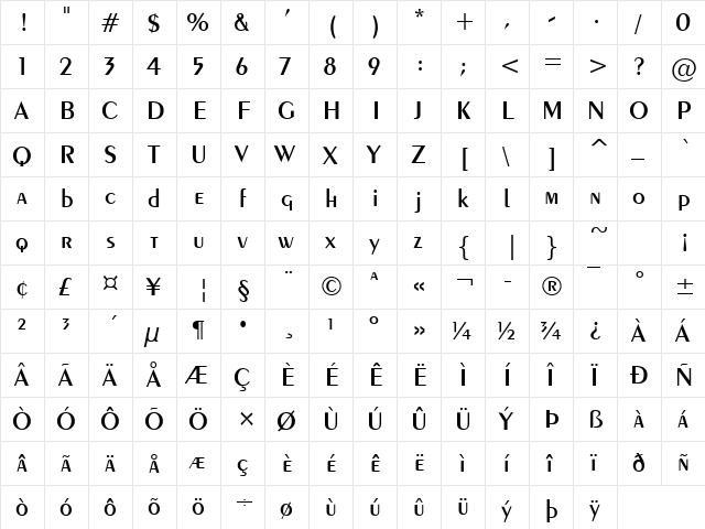 Penwin Regular  glyph index