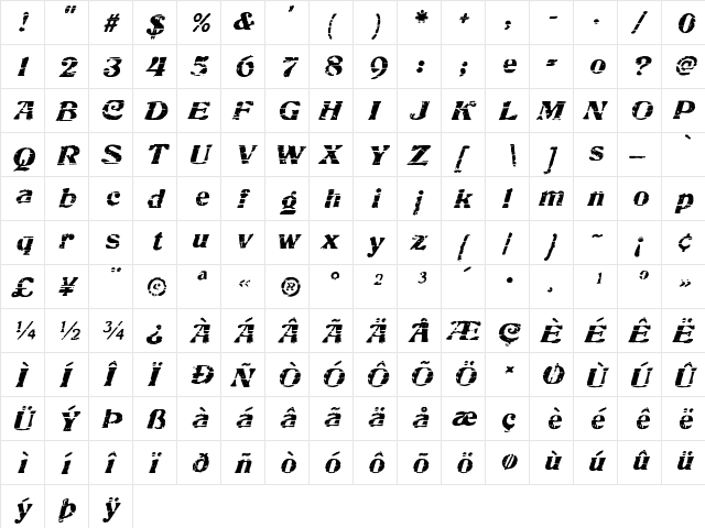 Charbroiled Regular  glyph index