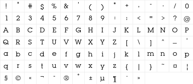LugaBookC Regular  glyph index