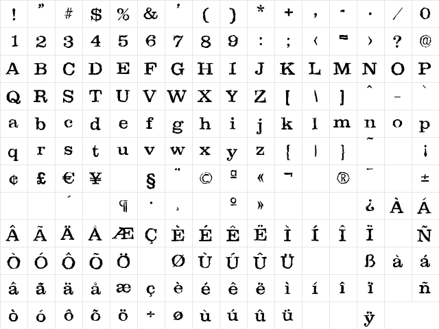 ClareRandom Regular  glyph index