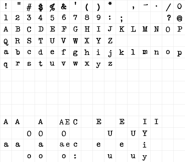 Silk RemingtonSBold Regular  glyph index