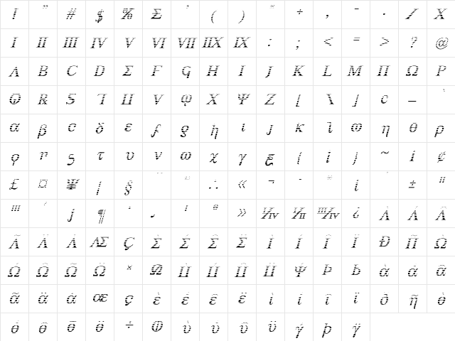 Achilles Gradient Italic Italic  glyph index