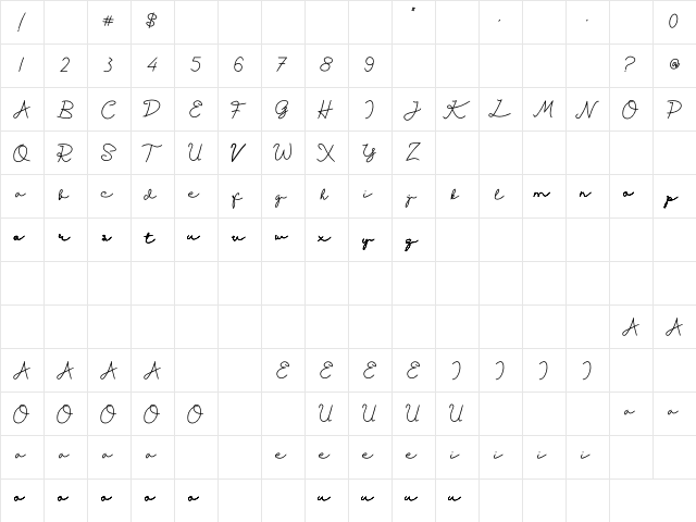 Kasih Bunda Regular  glyph index