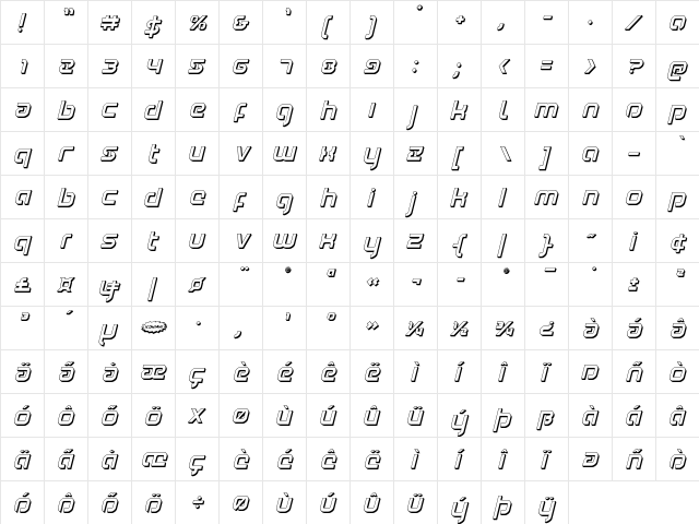 Youngerblood 3D Italic Italic  glyph index